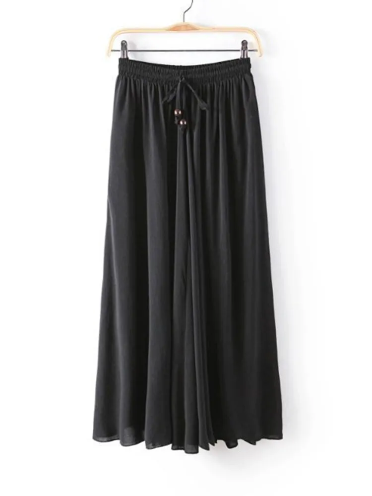 Rayon Women Lace Up Elastic Waist Pure Color Pleated Long Skirts