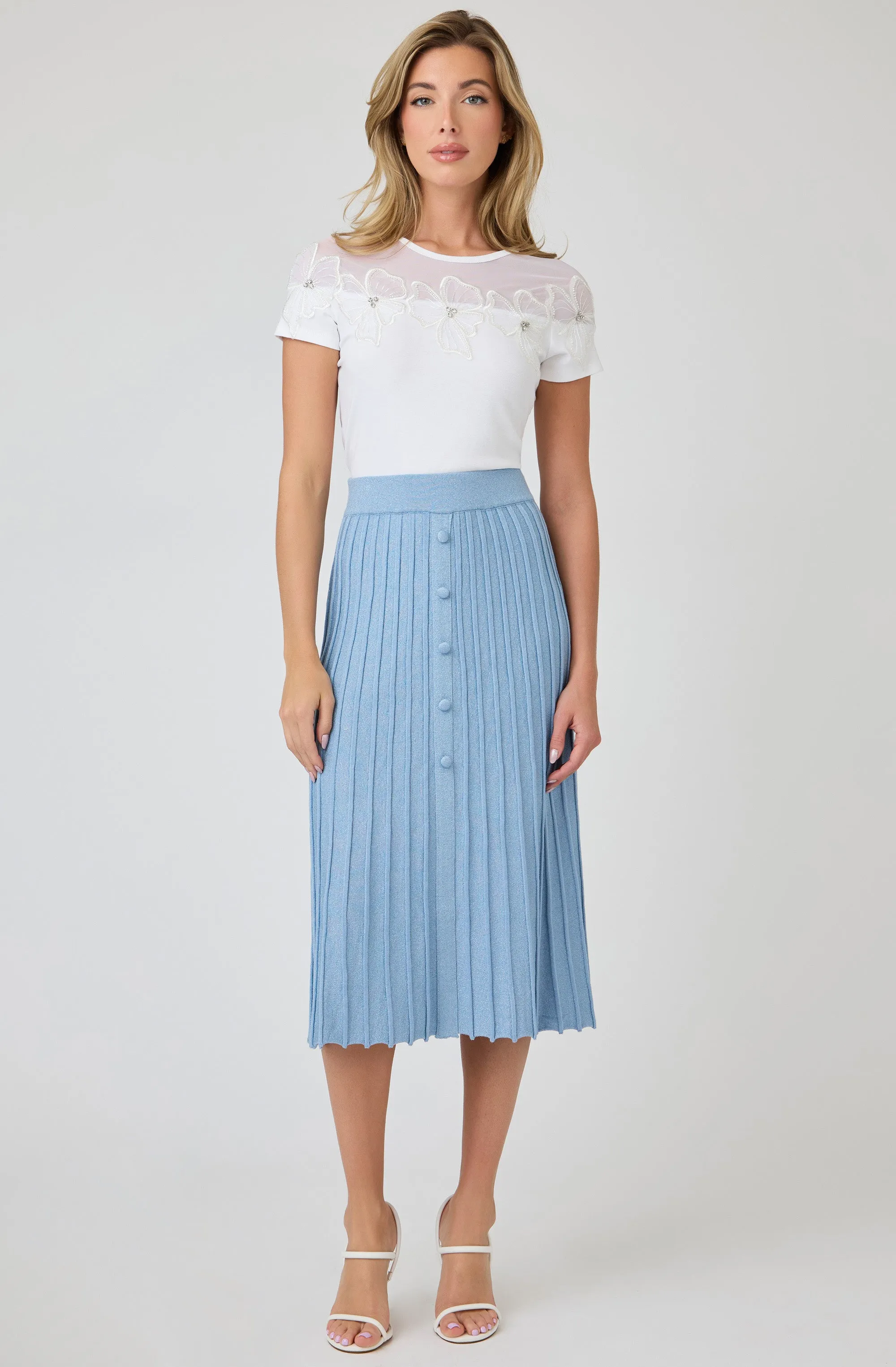 Ribbed-Knit Lurex Pleated Midi Skirt