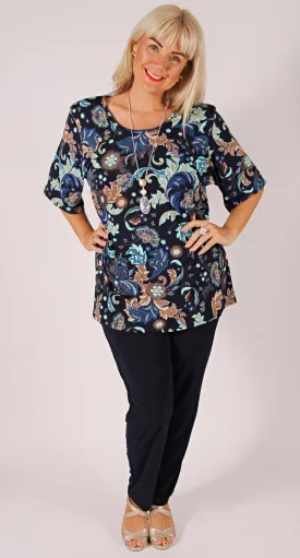 Rikki Round Neck Top Navy Aqua