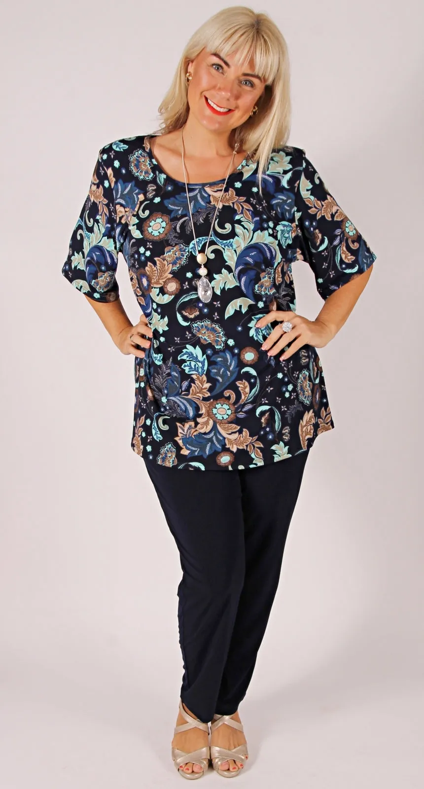 Rikki Round Neck Top Navy Aqua