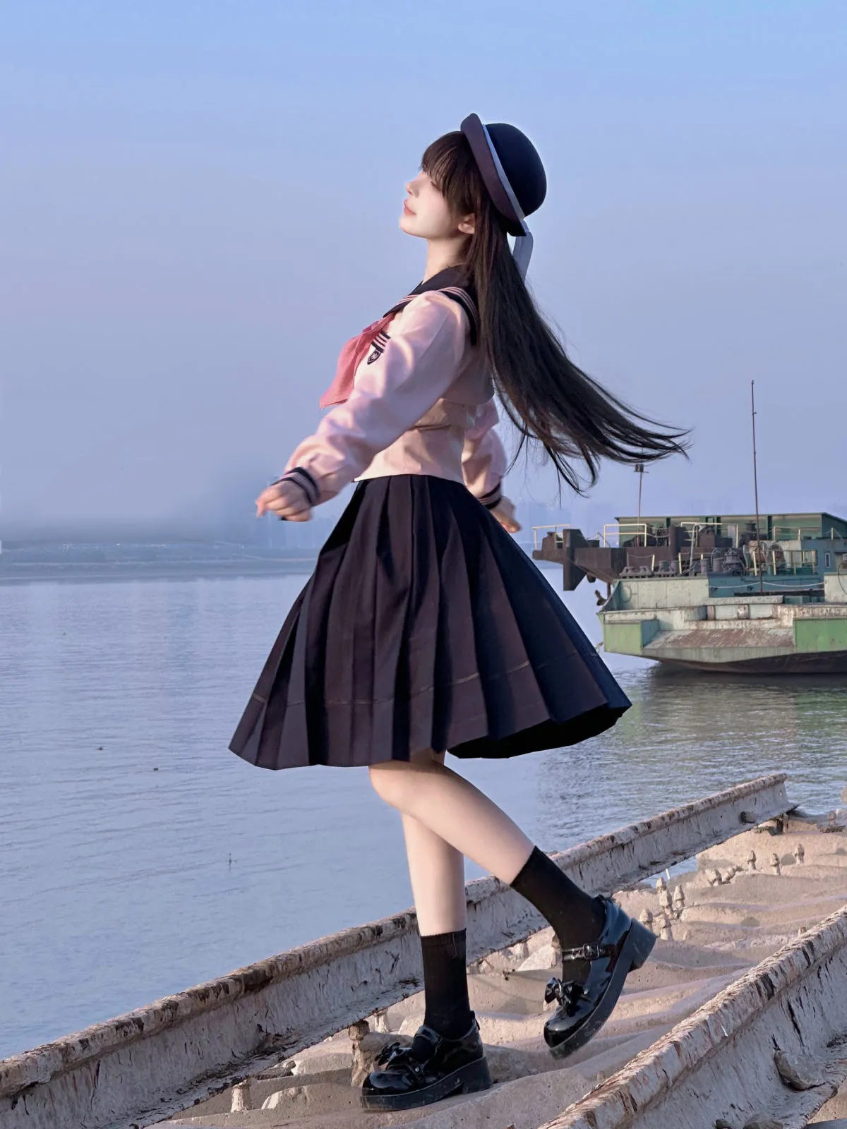 Sakura Petals High-Waist Pleated JK Uniform Midi Skirts