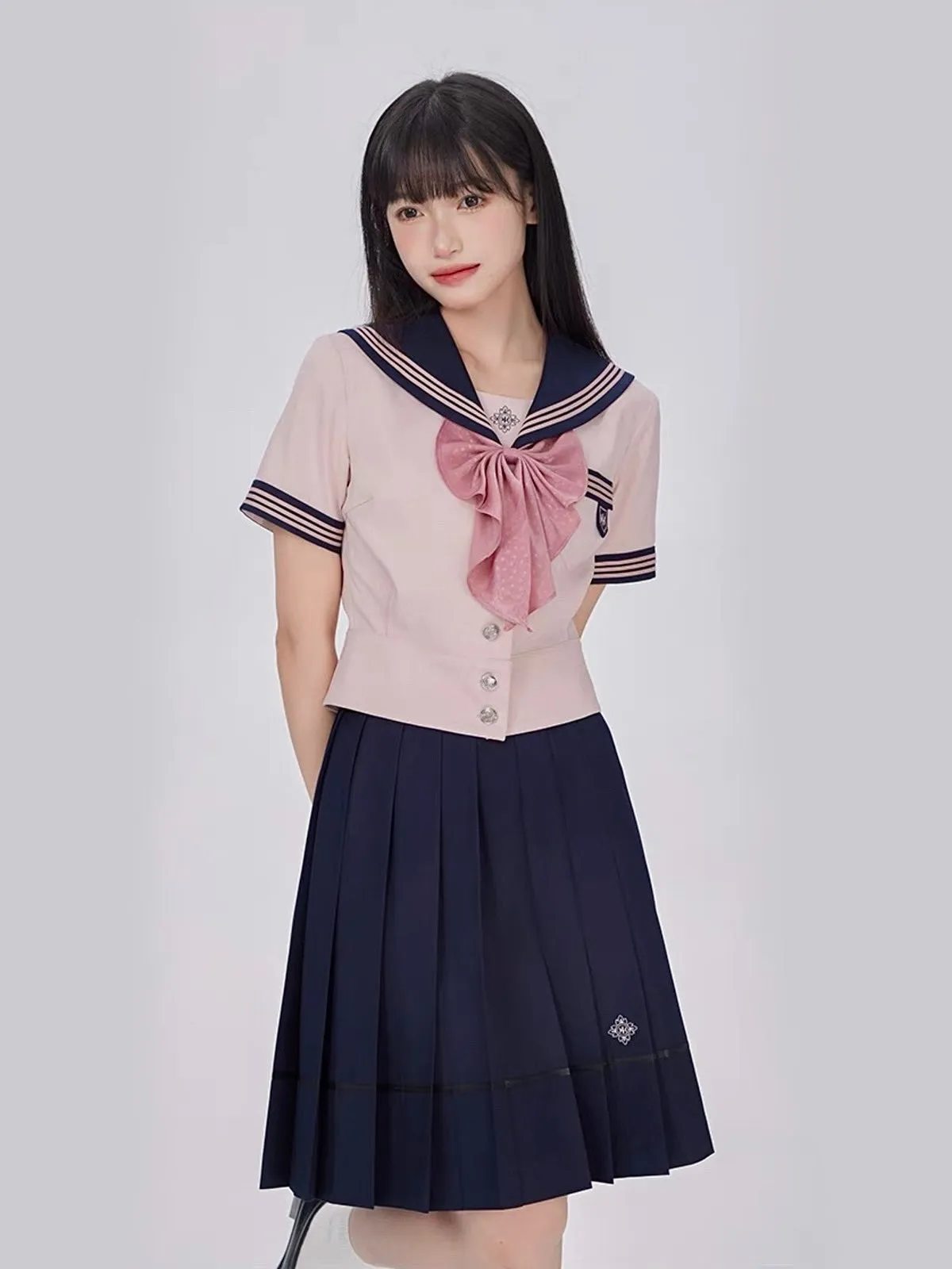 Sakura Petals High-Waist Pleated JK Uniform Midi Skirts