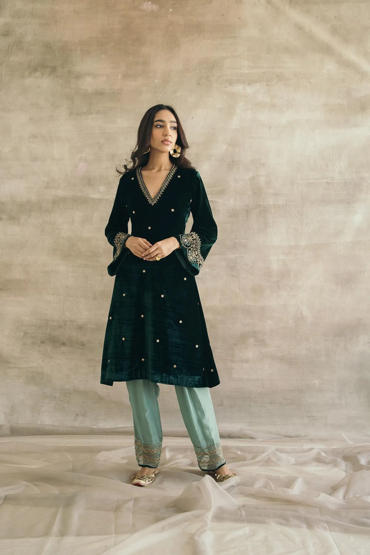 Silk Velvet Contrast Kurta Set