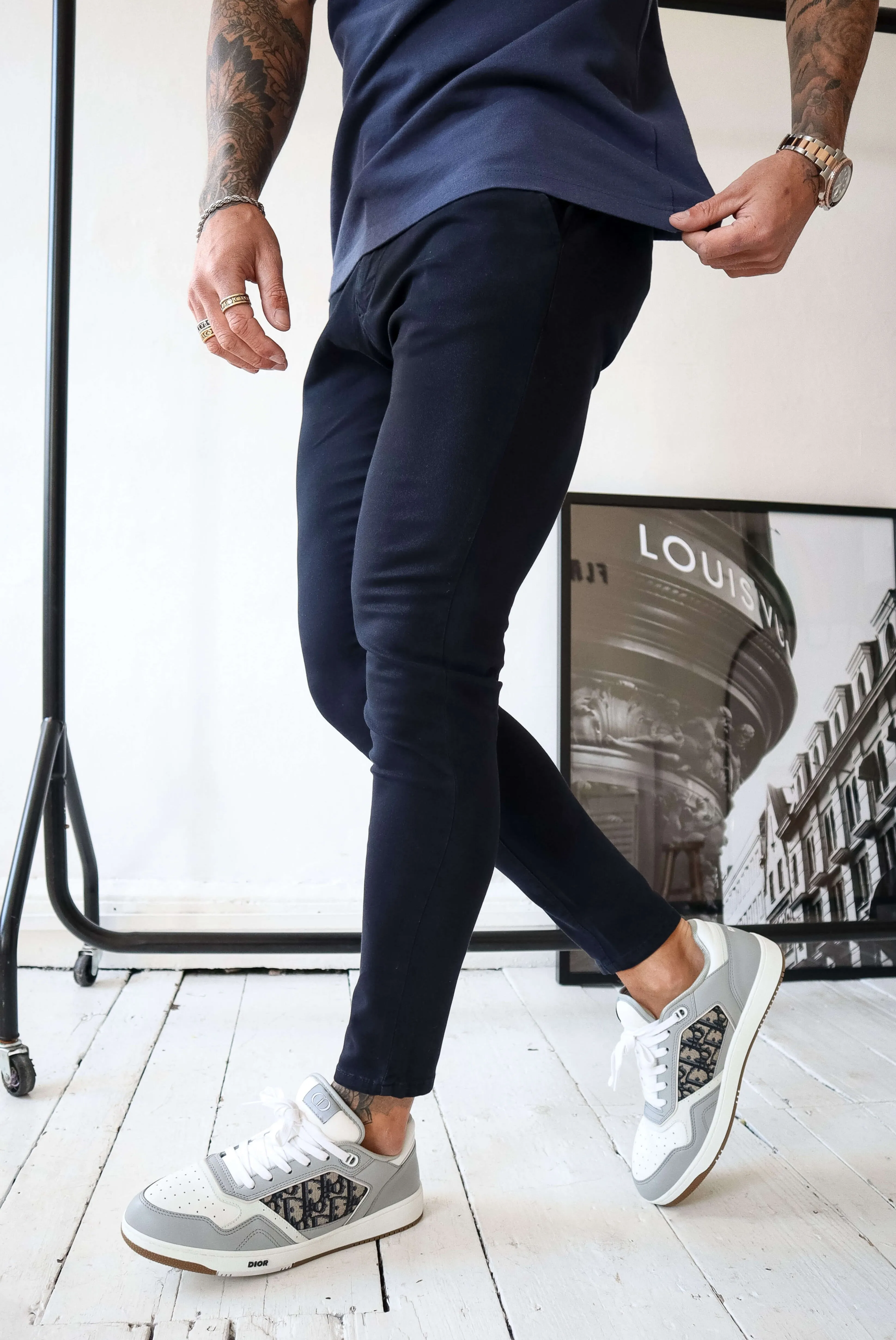 Mens Stretch Chino Pants - Dark Navy, Spray-On Fit