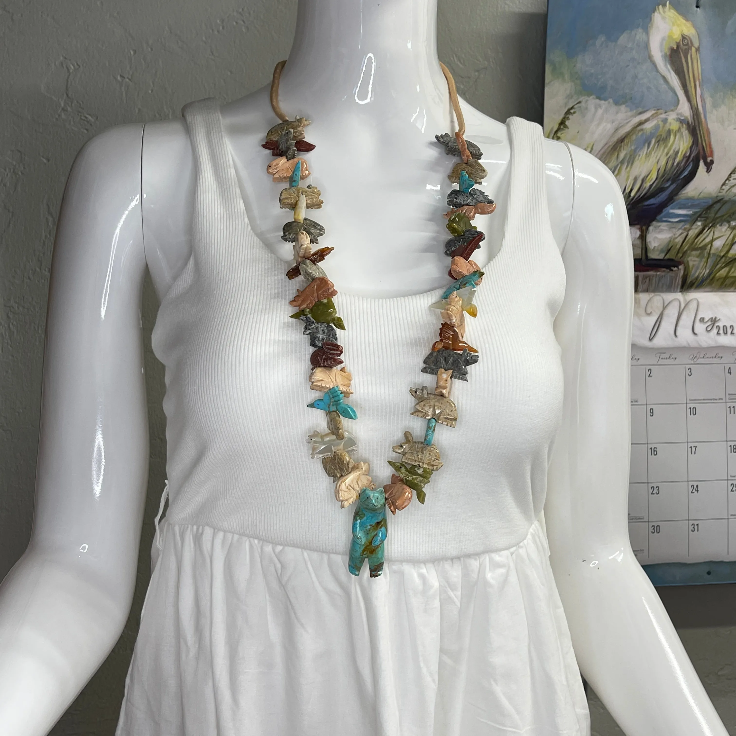 Turquoise Bear Fetish Necklace in Squaw Wrap Design