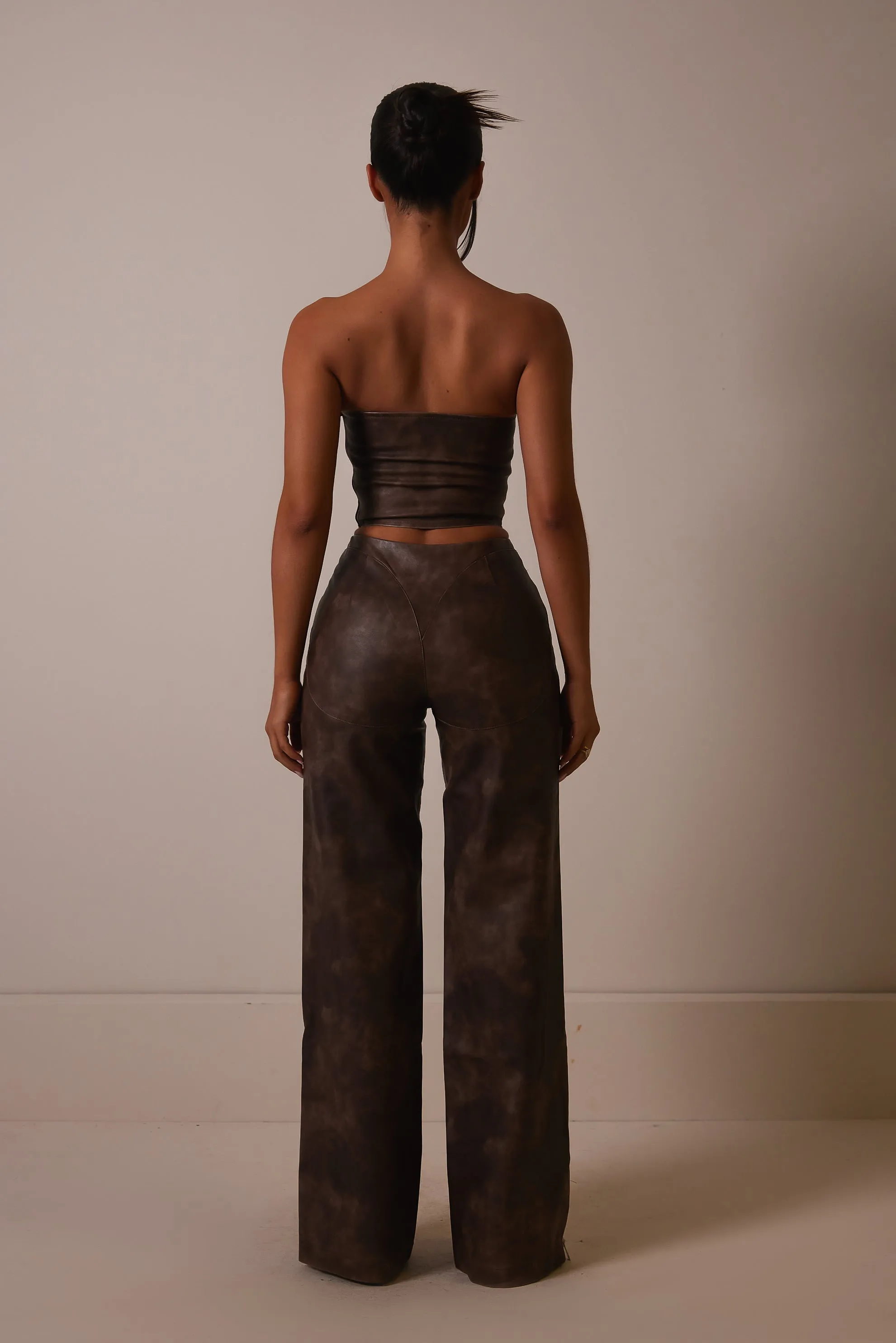 The Asymmetric zip distress leather trousers- Brown