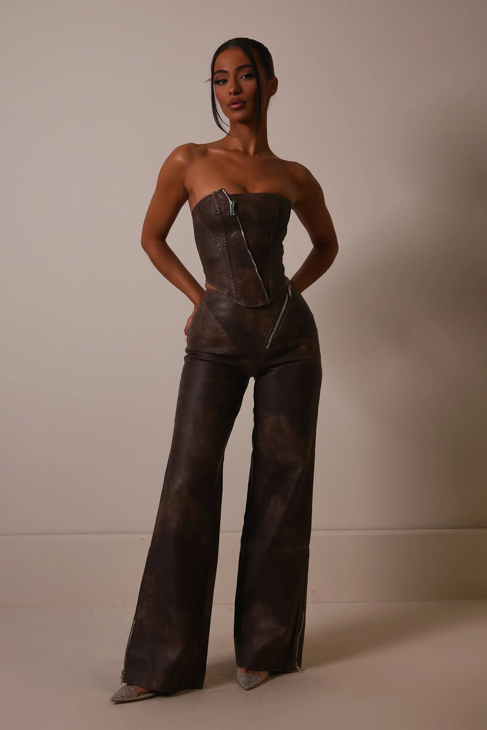 The Asymmetric zip distress leather trousers- Brown