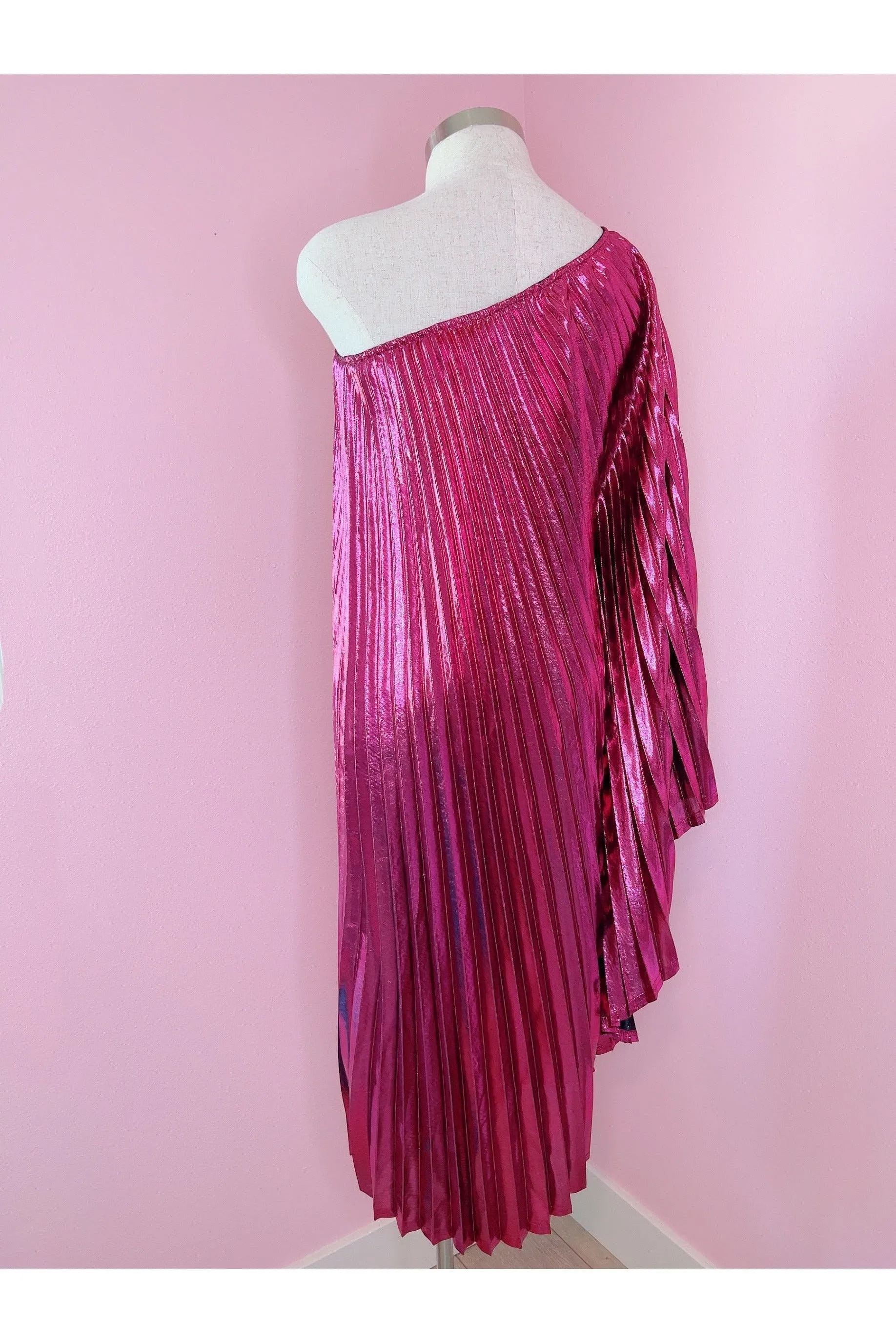 Vibrant Pink Metallic One Shoulder Caftan Dress