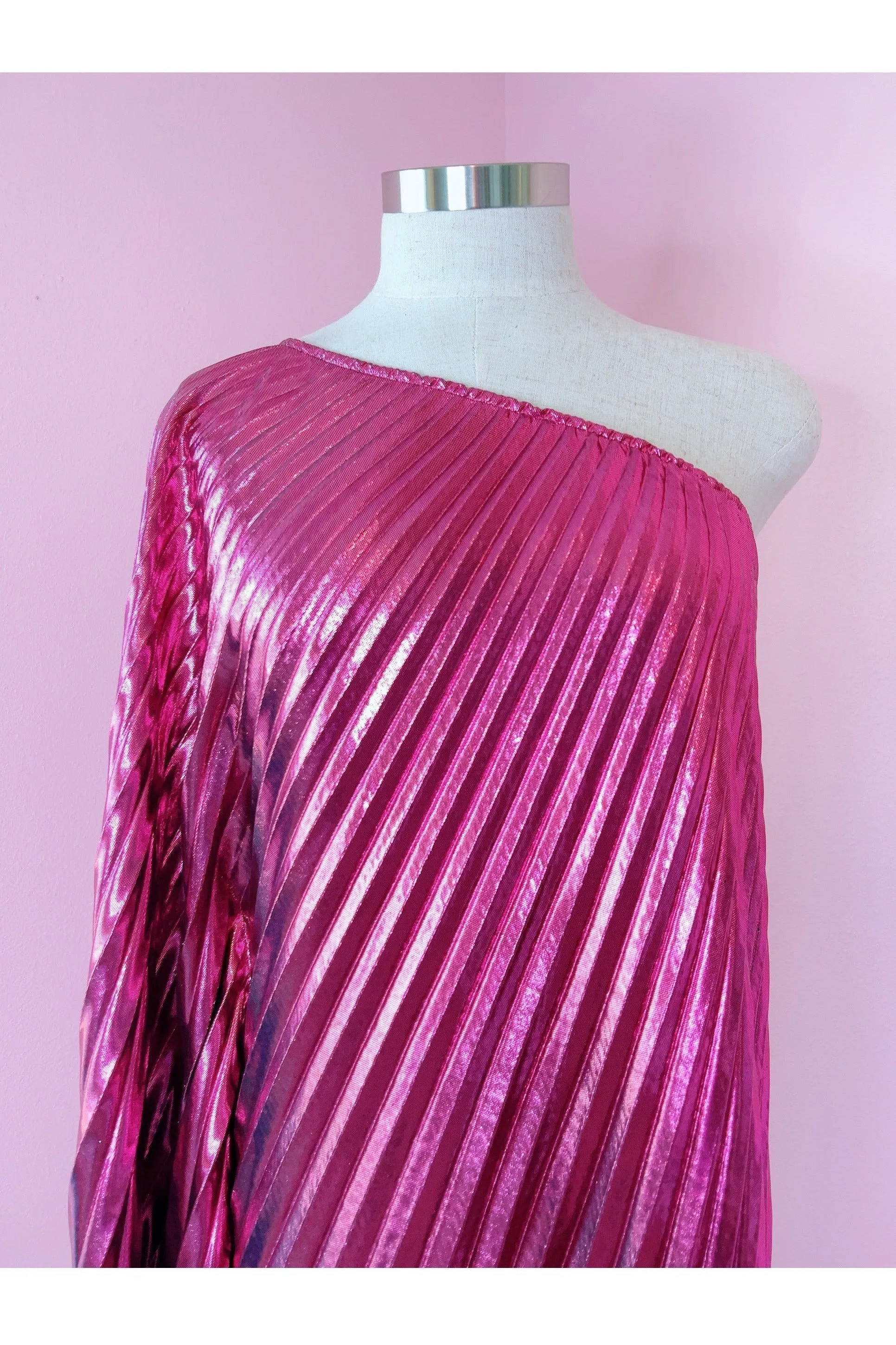 Vibrant Pink Metallic One Shoulder Caftan Dress