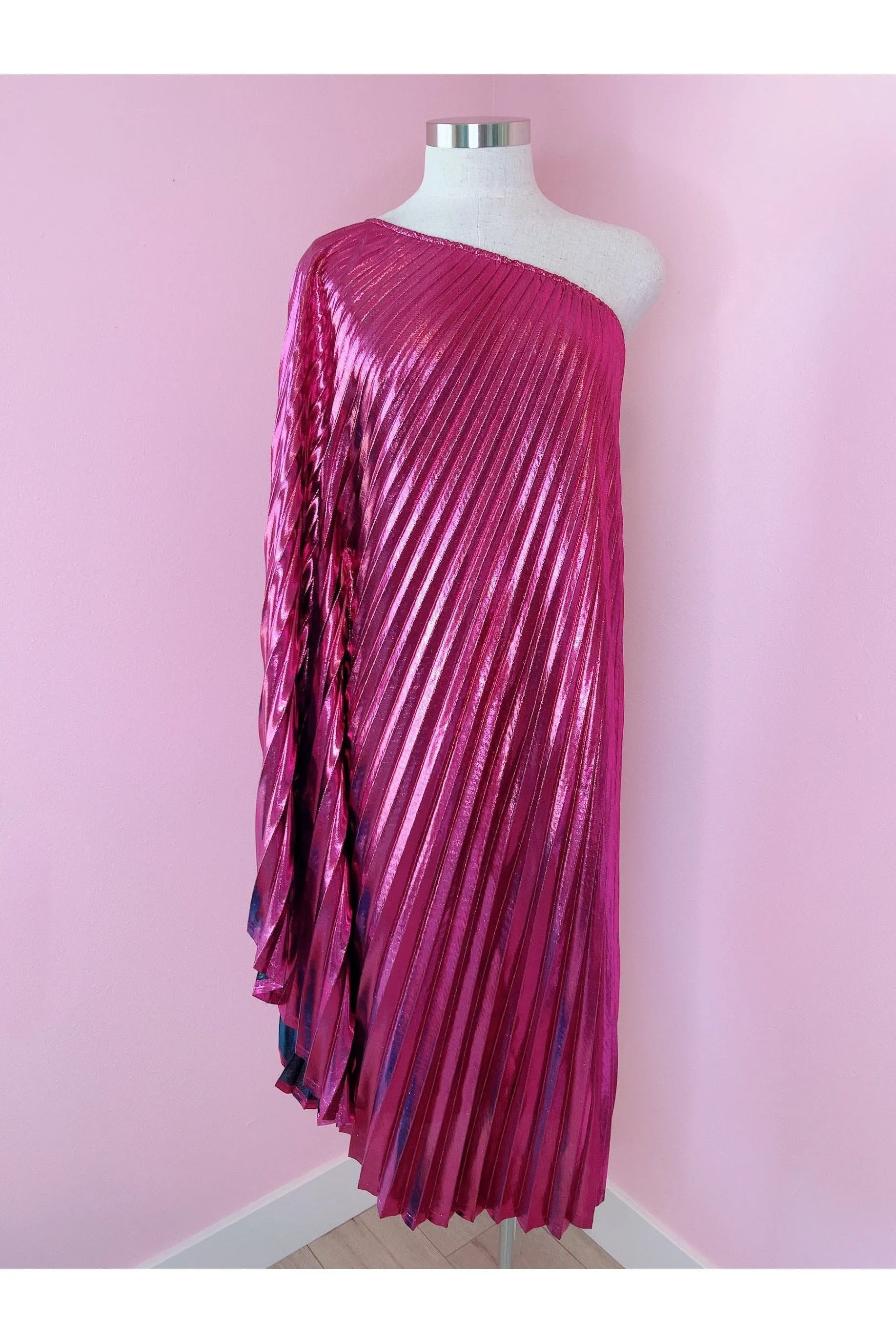 Vibrant Pink Metallic One Shoulder Caftan Dress