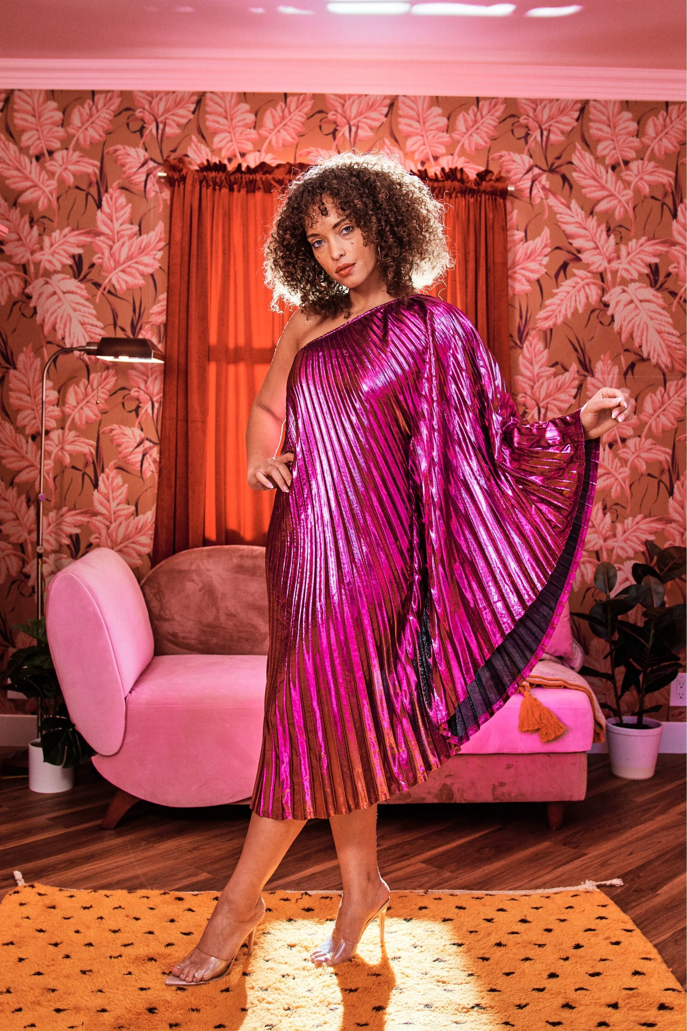 Vibrant Pink Metallic One Shoulder Caftan Dress