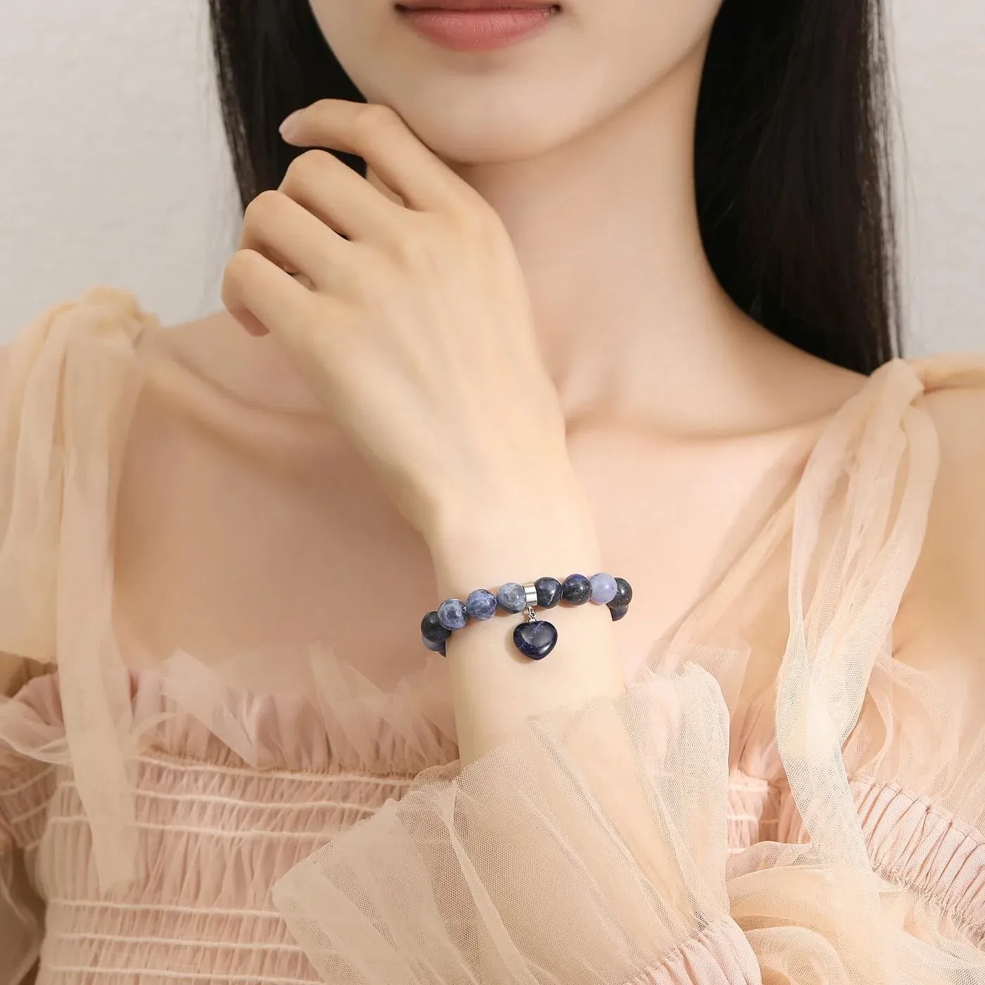 VINCHIC 8MM Lapis Lazuli Bracelet Love Heart Stretch Bracelet Energy Crystal Bracelet for Women Girls