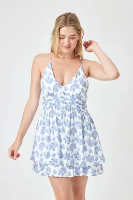 White Blue Floral A Line Ruffle Dress