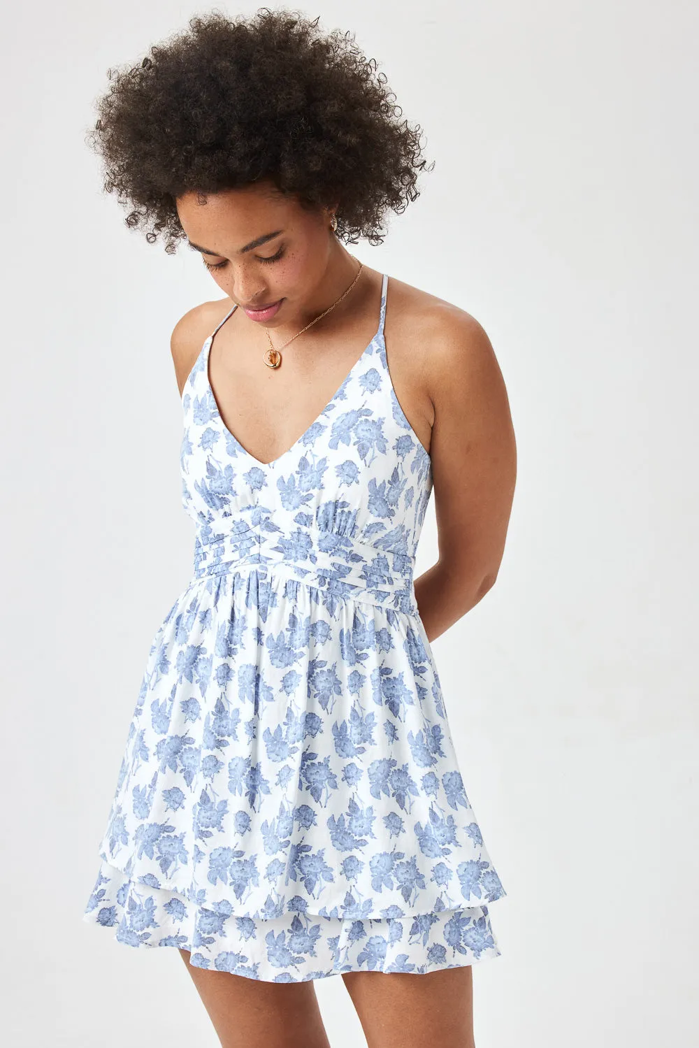 White Blue Floral A Line Ruffle Dress