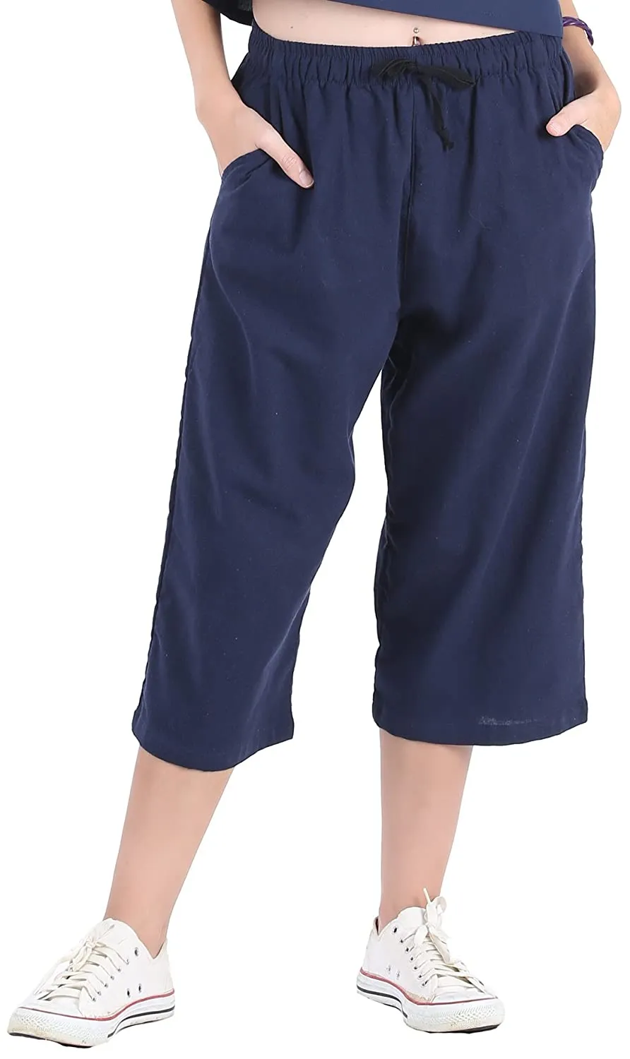 Whitewhale Womens Loose Elastic Waist Cotton Casual Capri Wide Leg Palazzo Pants