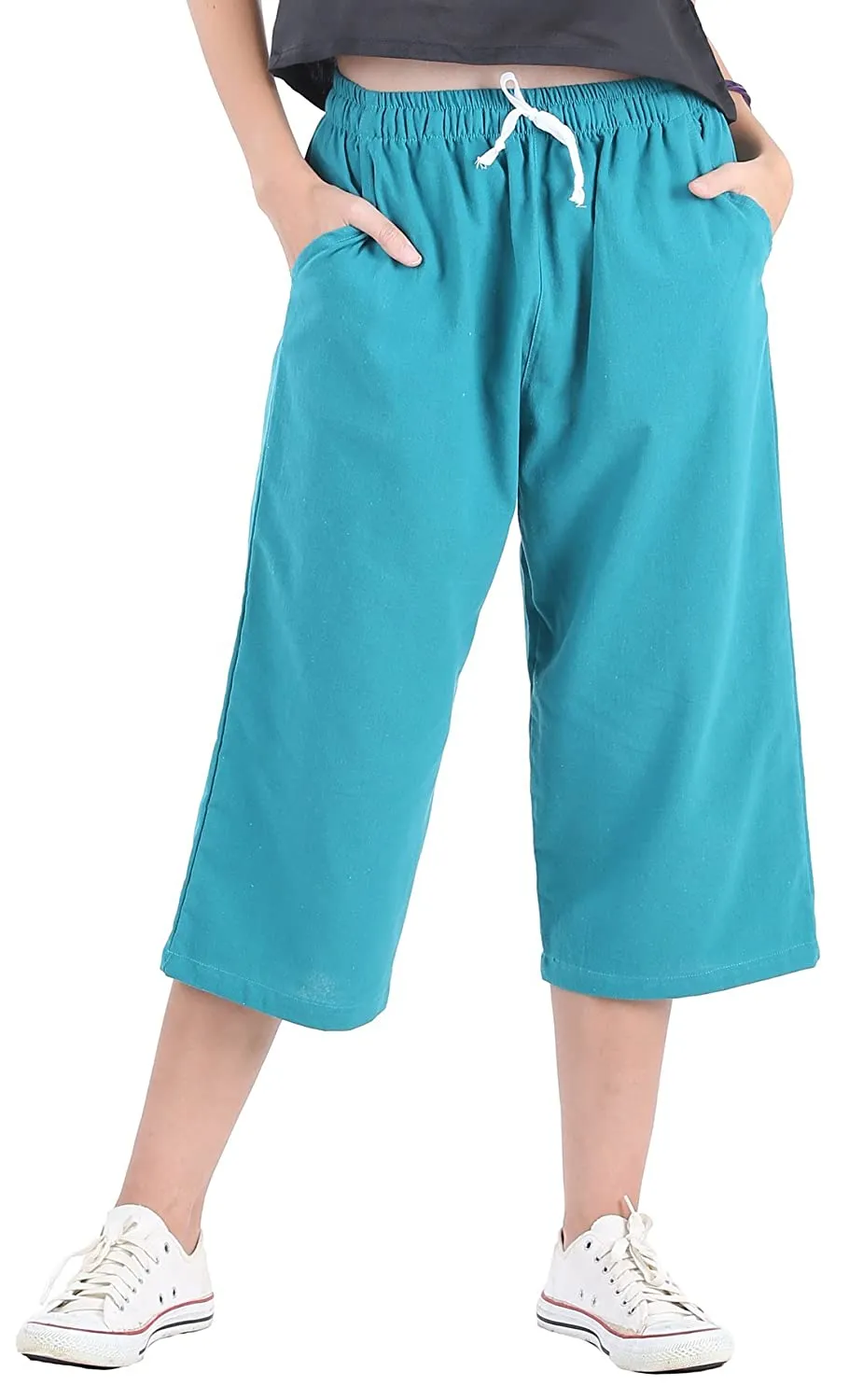 Whitewhale Womens Loose Elastic Waist Cotton Casual Capri Wide Leg Palazzo Pants