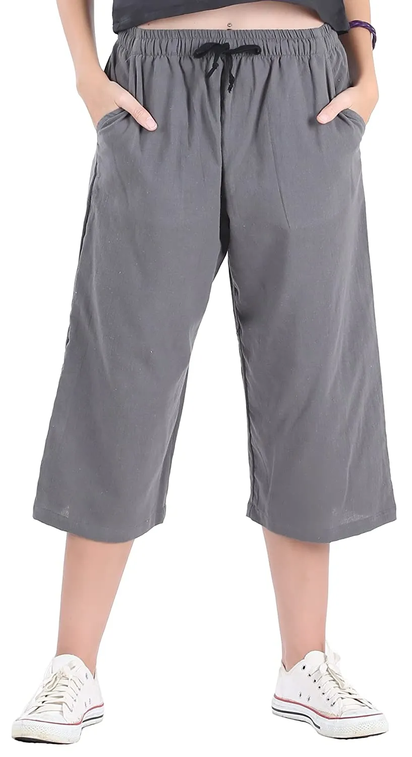 Whitewhale Womens Loose Elastic Waist Cotton Casual Capri Wide Leg Palazzo Pants