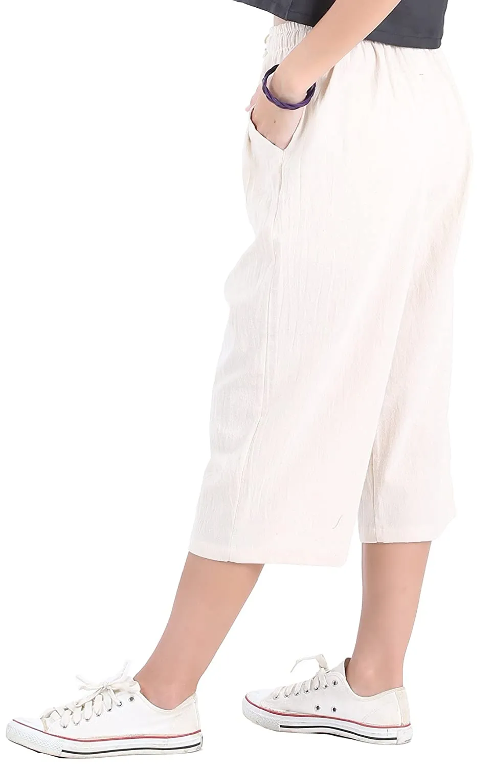 Whitewhale Womens Loose Elastic Waist Cotton Casual Capri Wide Leg Palazzo Pants