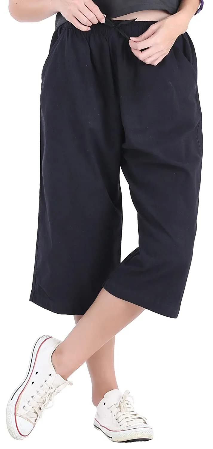 Whitewhale Womens Loose Elastic Waist Cotton Casual Capri Wide Leg Palazzo Pants
