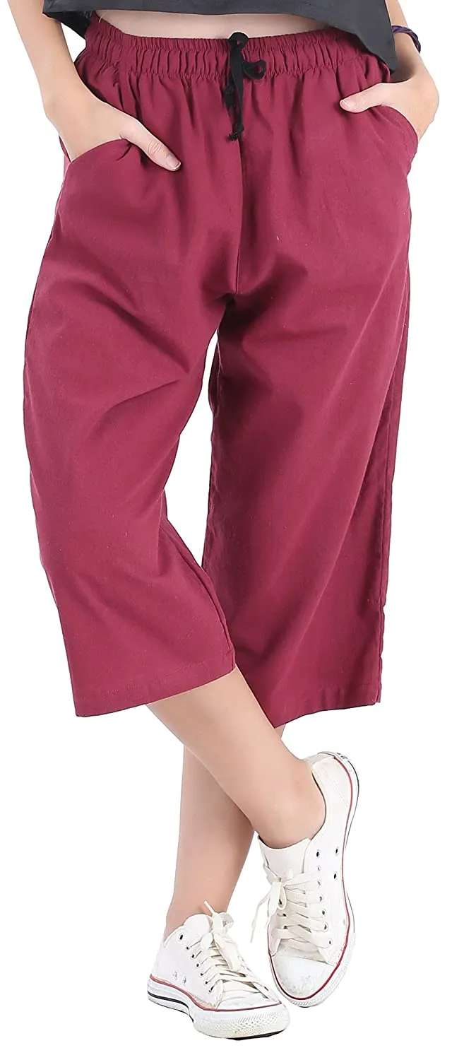 Whitewhale Womens Loose Elastic Waist Cotton Casual Capri Wide Leg Palazzo Pants