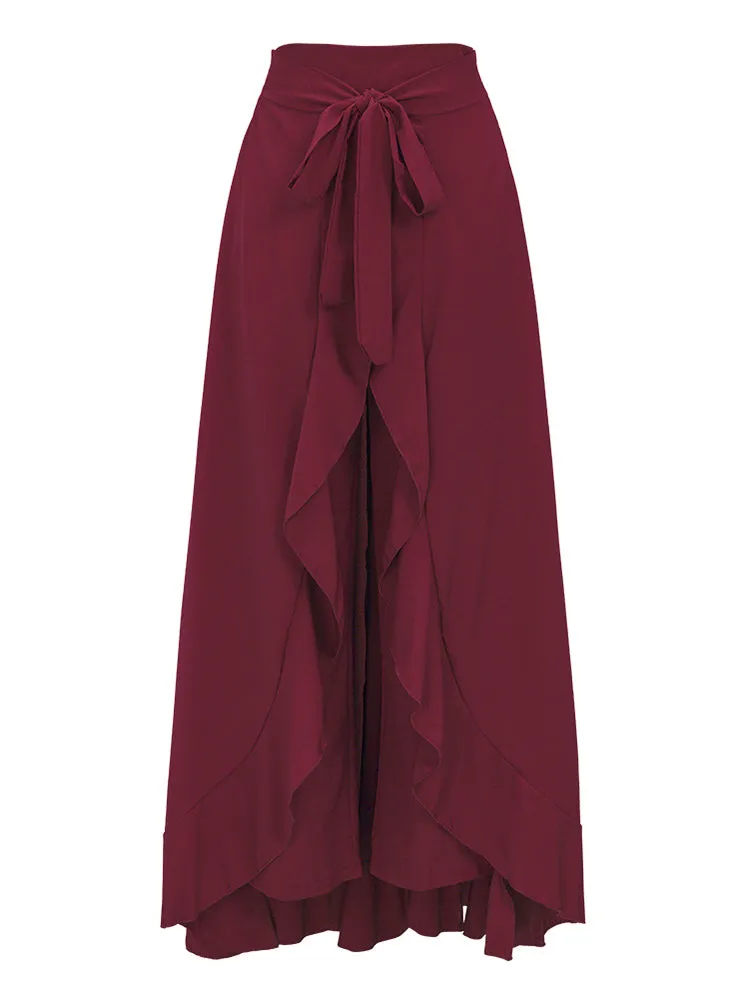 Women Tie-Waist Ruffled Lace-up Solid Chiffon Pants