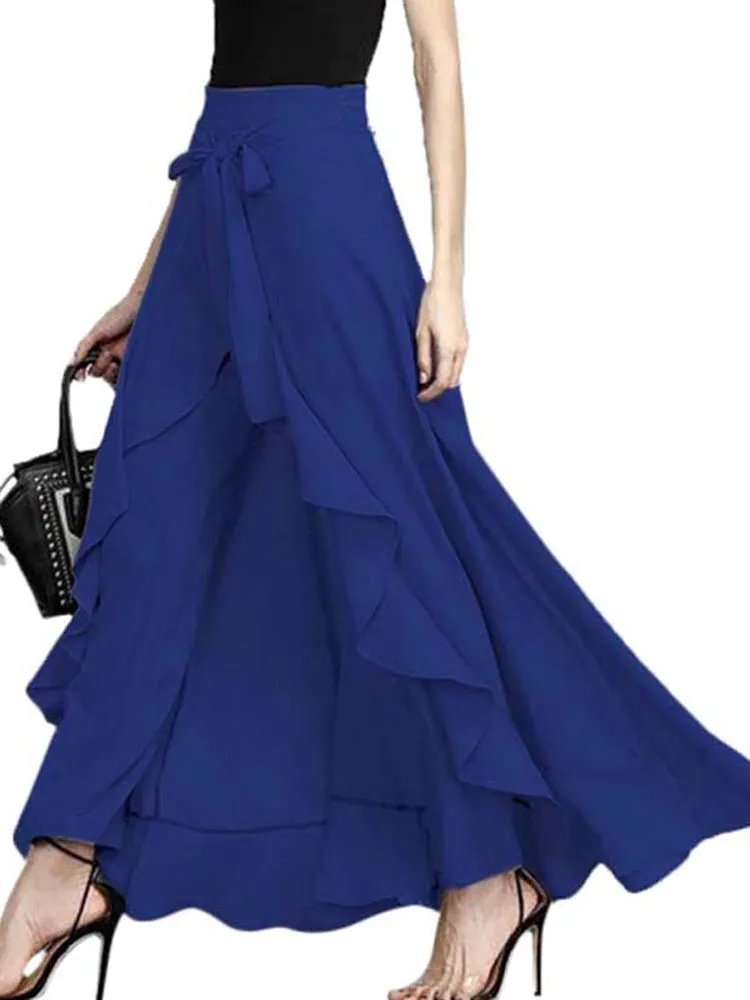 Women Tie-Waist Ruffled Lace-up Solid Chiffon Pants