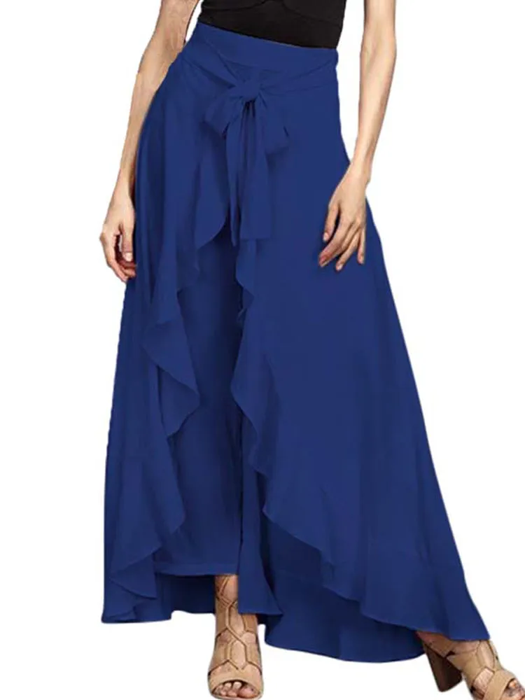Women Tie-Waist Ruffled Lace-up Solid Chiffon Pants