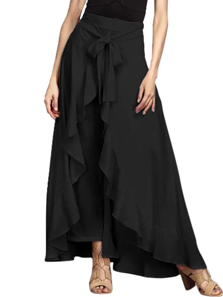 Women Tie-Waist Ruffled Lace-up Solid Chiffon Pants
