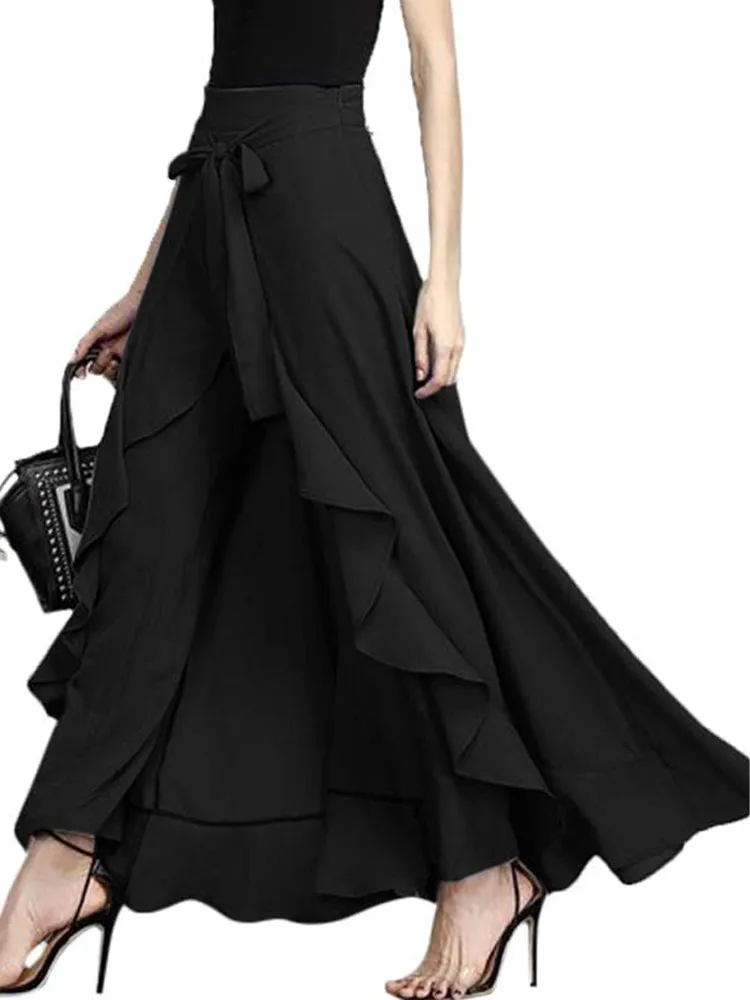 Women Tie-Waist Ruffled Lace-up Solid Chiffon Pants
