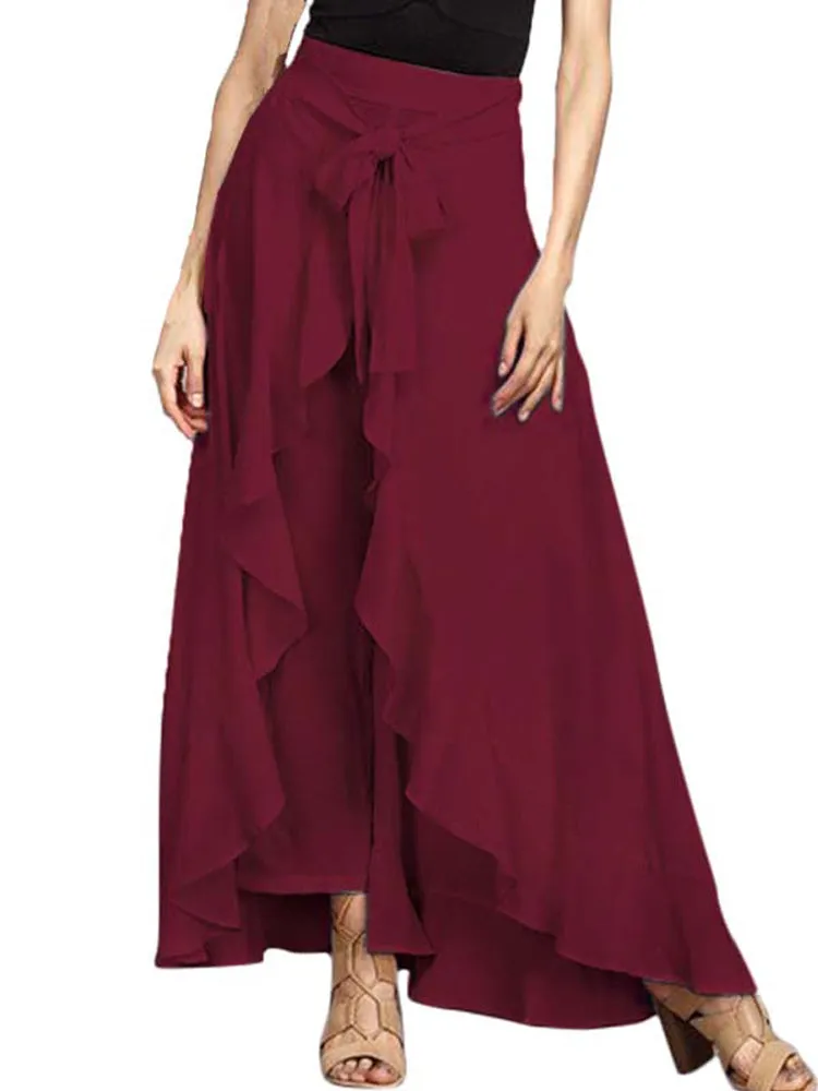 Women Tie-Waist Ruffled Lace-up Solid Chiffon Pants