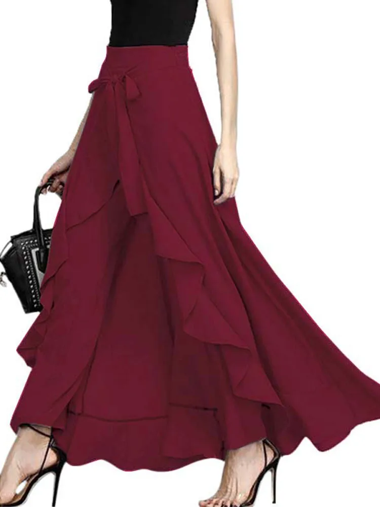 Women Tie-Waist Ruffled Lace-up Solid Chiffon Pants