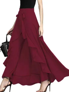 Women Tie-Waist Ruffled Lace-up Solid Chiffon Pants