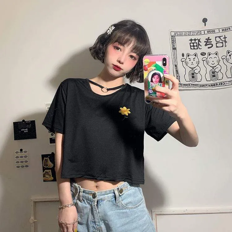 Women's Casual Flower Embroidered Cutout T-shirts With Ring