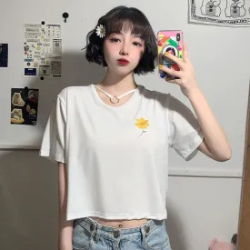 Women's Casual Flower Embroidered Cutout T-shirts With Ring