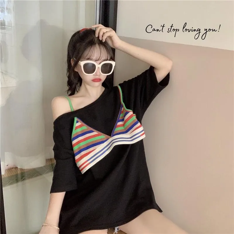 Women's Contrast Color False Two Pieces Maxi Shirts