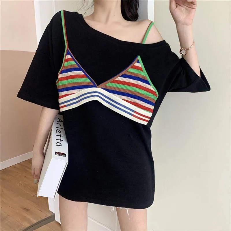 Women's Contrast Color False Two Pieces Maxi Shirts