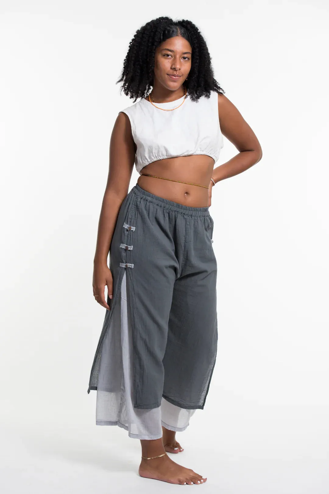 Women's Cotton Double Layers Cropped Pants in Solid Gray, Thailand