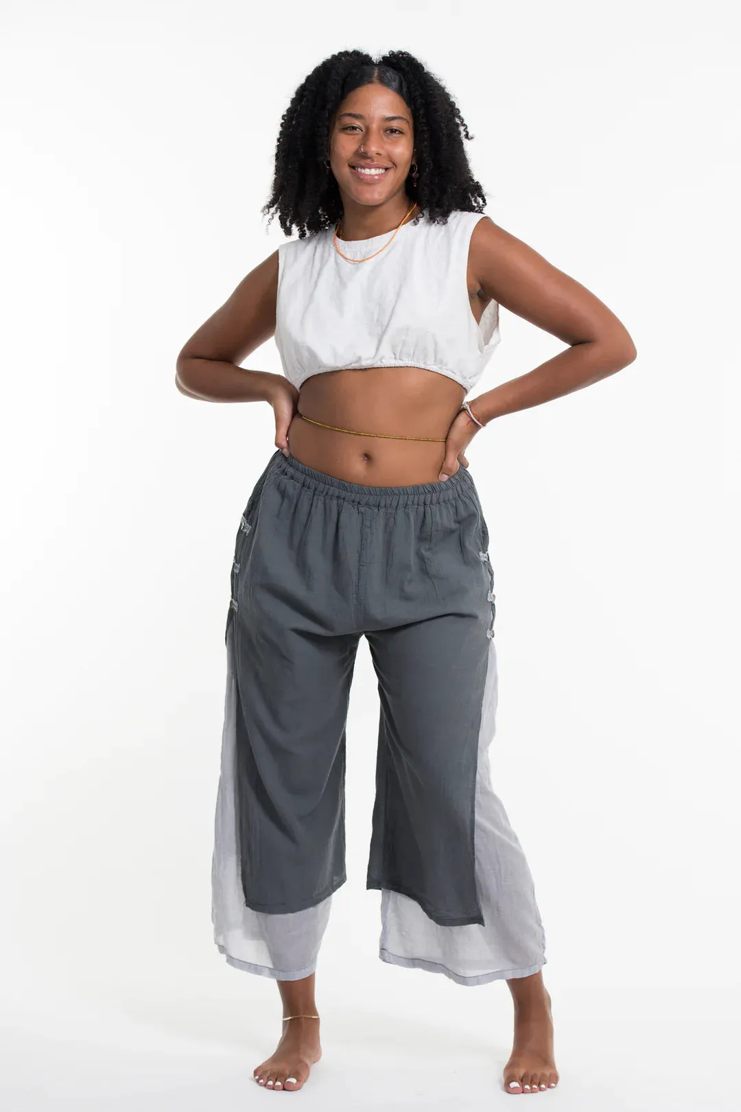 Women's Cotton Double Layers Cropped Pants in Solid Gray, Thailand