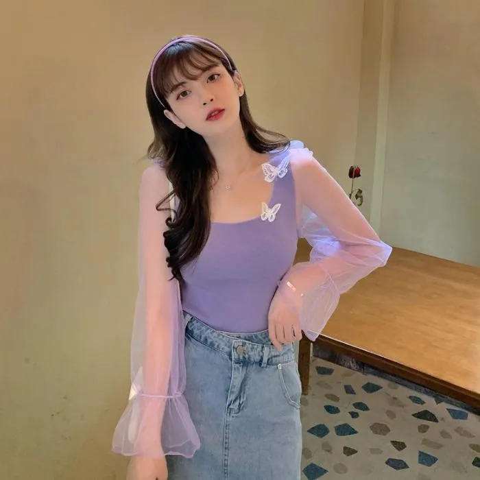 Women's Cute Butterfly Square Collar Mesh Spliced Shirts