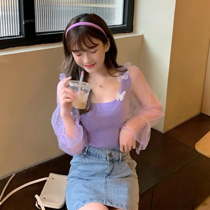Women's Cute Butterfly Square Collar Mesh Spliced Shirts