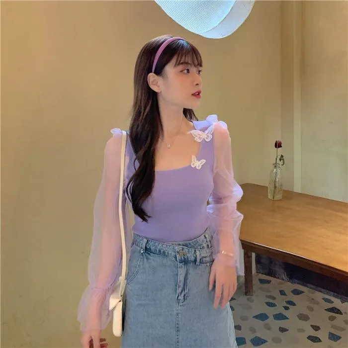 Women's Cute Butterfly Square Collar Mesh Spliced Shirts