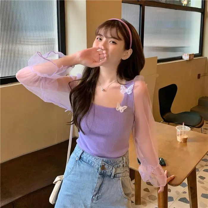 Women's Cute Butterfly Square Collar Mesh Spliced Shirts