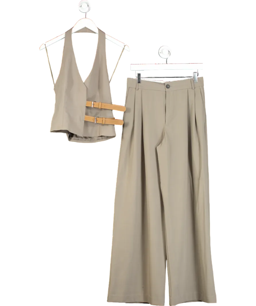 ZARA Grey Belted Halter Neck Waistcoat And Wide Leg Trousers UK S