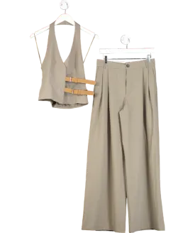 ZARA Grey Belted Halter Neck Waistcoat And Wide Leg Trousers UK S