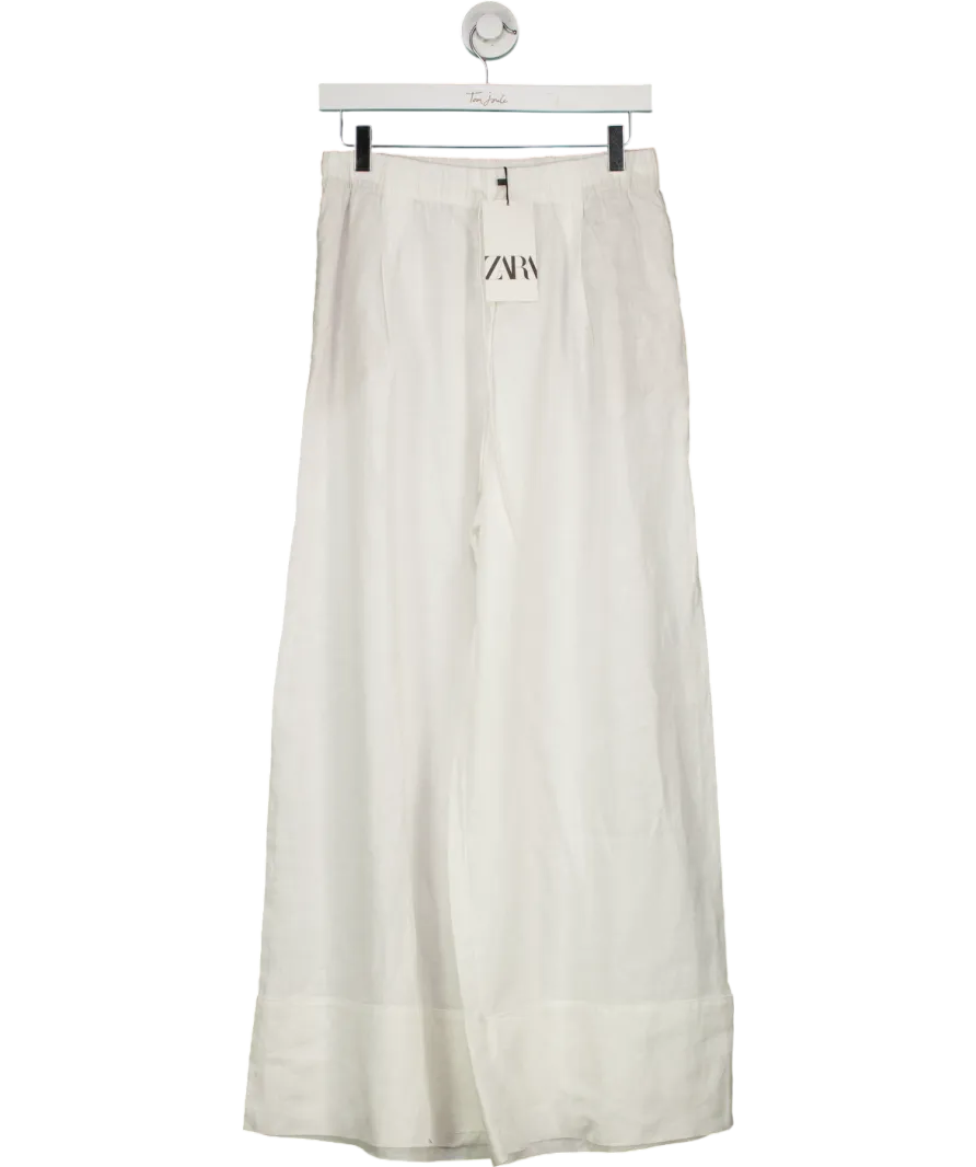 ZARA White Linen Pull On Wide Leg Trousers UK M